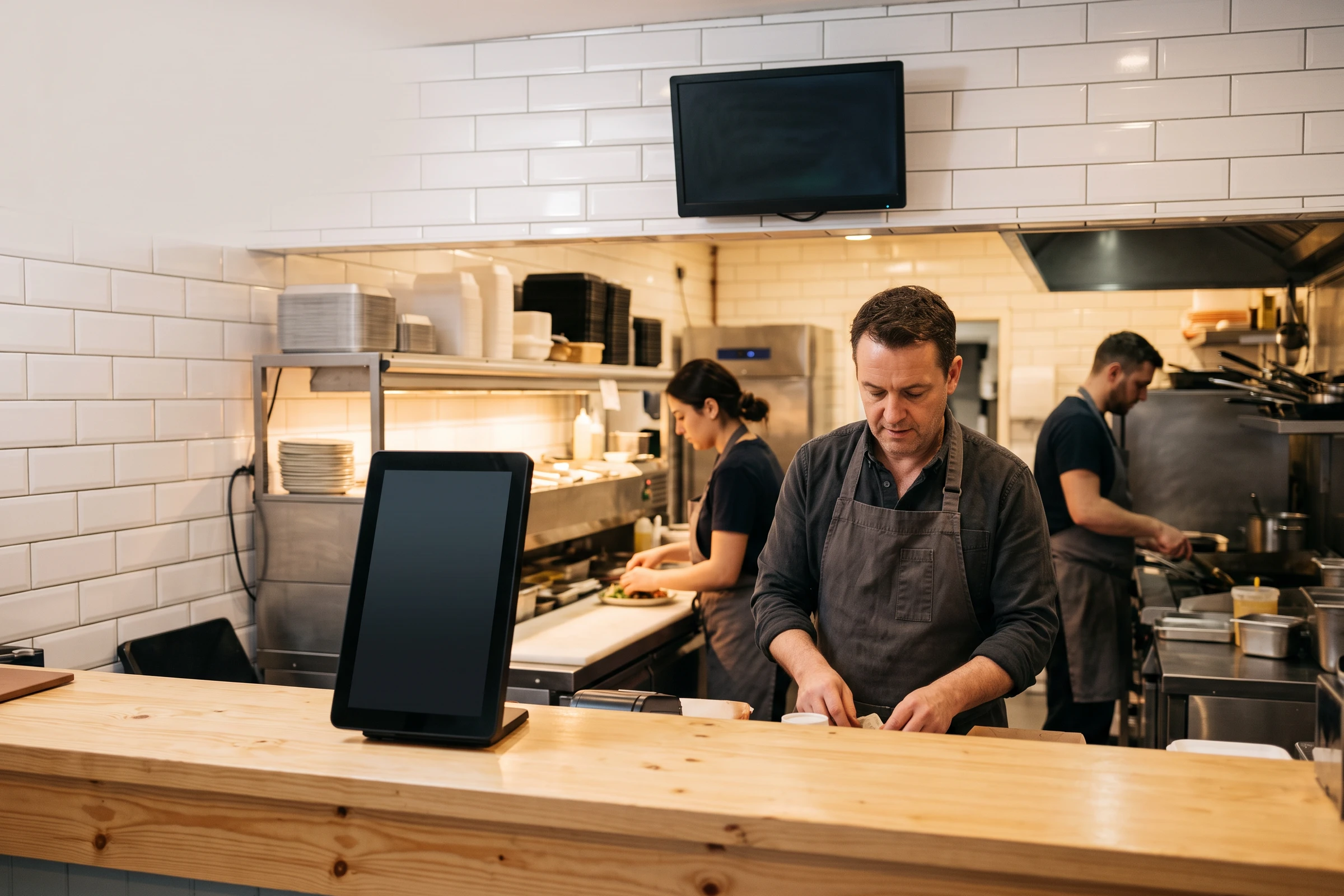 Staff preparing food behind the counter of an independent takeaway